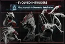 Three skeletal, biomechanical creatures with exposed ribs, red veins, and sharp edges in combat poses. Text reads: "Evolved Intruders" and "Also playable in Nemesis: Retaliation." Box art for Nemesis game series visible top left.