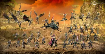 A dynamic display of Drukhari miniatures showcases a variety of figures, including the prominent Archon Lady Malys in the foreground, wielding a barbed longsword. Surrounding her are several lethal lieutenants and warriors, each adorned with intricate armor and weapons, set against a dramatic backdrop of rocky terrain and a fiery sky. The scene captures the essence of the Drukhari's dark and menacing aesthetic, highlighting their agility and deadly prowess in battle.
