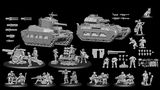A collection of grey 3D-printed miniatures showcases various elements from the Space Aussies 2: Mechanised Kangaroo Kickstarter. Prominent features include two armoured tanks, a cannon with crew, and multiple infantry figures in dynamic poses, all wearing boonie hats. Additional components such as weapon accessories, alternative turrets, and various tools are also displayed, set against a black background.