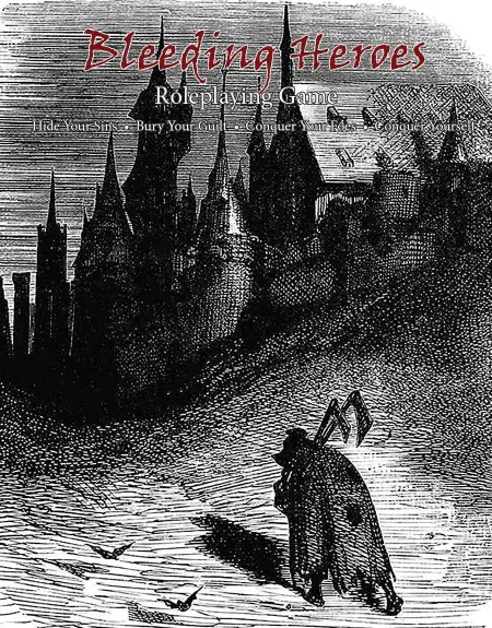 Gothic castle silhouette with flying bats, text "Bleeding Heroes Roleplaying Game"