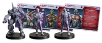The image features three cyborg miniatures from Monster Fight Club's "Going Metal" set, designed for the Cyberpunk Combat Zone game. Each figure stands on a circular black base, showcasing intricate details of their cybernetic enhancements. Behind the miniatures are Full Body Conversion cards, displaying character names and stats, including "Alpha Class" and "Wingman," along with visual elements that highlight their abilities and rarity.