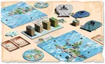 Board game components: map with blue water and floating land tiles, buildings, survivors, and small cards. Three drawstring bags with "Kalypso" and "Inside Up Games" logos. Dice and wooden cubes visible.