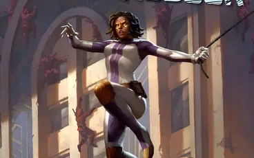 A superhero in a blue and purple bodysuit with a cape stands on a rooftop, holding a sword. Below, a large dark creature with horns and wings attacks a person in a red jacket. The background shows a dimly lit, rainy urban setting with a building facade.