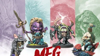 Four whimsical resin miniatures are displayed, representing the Murderous Fish Gnome Mystery Pack Series 2 from Para Bellum Games. On the left, a gnome with a wolf-like appearance stands, while the central figure is a purple-skinned gnome in a flowing gown, holding a staff. To the right, a gnome in mechanical armor features a distinctive design, and the background showcases soft pastel colors, enhancing the fantasy theme. The text "MFG" is prominently featured in bold red at the bottom.