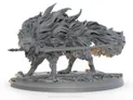 A highly detailed gray miniature of a large, wolf-like creature with flowing fur and a fierce expression, poised on a circular base. The creature has a long, curved sword embedded in its side, adding to its menacing appearance. The base features intricate textures, resembling cracked stone, enhancing the overall dramatic effect of the figure.