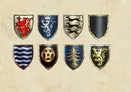 Eight heraldic shields arranged in two rows of four. Top row, left to right: a red lion rampant on gold; a silver lion rampant on blue beneath a gold crown; two black lions passant on gold; a plain black shield with a gold border. Bottom row, left to right: blue and white wavy bars on a gold-bordered shield; a gold circular emblem on a black shield with a gold border; a gold tree on a blue shield with a gold border; a gold lion rampant on a black shield with a gold border.
