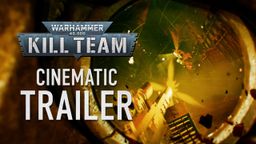 The image features the title "WARHAMMER 40,000 KILL TEAM" prominently displayed at the top, with a metallic and rugged design. Below, the word "CINEMATIC" is shown in bold white letters, followed by "TRAILER" in a slightly smaller font, also in white. The background is dark and textured, suggesting a gritty, industrial environment, possibly hinting at the themes of the upcoming release, Operation Hivestorm.