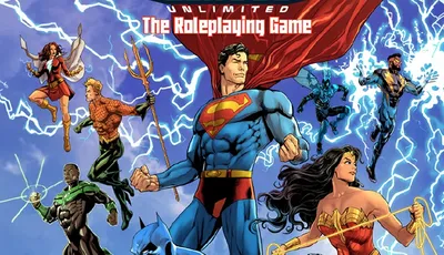 A dynamic illustration features iconic superheroes from the DC Universe, including Superman, Batman, Wonder Woman, and others, posed heroically against a backdrop of swirling lightning. Superman stands prominently in the center, flanked by Wonder Woman and Batman, while additional heroes like Green Lantern and Flash are depicted in action poses around them. The title "Justice League Unlimited: The Roleplaying Game" is displayed at the top, emphasizing the game's focus on teamwork and heroism.