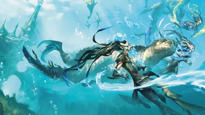 A fantasy figure with long dark hair and flowing robes rides a large, mythical sea turtle-like creature through deep blue water. Bubbles and small fish surround them. No readable text.