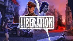 A dramatic illustration depicts a divided scene representing the conflict between Nazi occupiers and the French Resistance in Paris. On the left, a stern Nazi officer in a military uniform stands prominently, while on the right, a woman with dark hair and a determined expression symbolizes the Resistance. The background features a chaotic urban landscape with smoke and flames, and the word "LIBERATION" is boldly displayed across the center, emphasizing the game's theme.