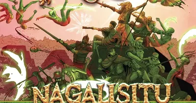 Cover art for Reign: Realities – Nagalisitu showing a chaotic battle scene with armored figures wielding weapons, one mounted on a skeletal steed. Green and red hues dominate. Title "Nagalisitu" in ornate gold lettering. Subtext reads "A Reign Reality by Caleb Stokes."