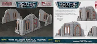 A set of three small ruined hab blocks, featuring gothic architectural elements such as pointed arches and intricate detailing, are displayed against a dark background. The ruins are painted in shades of gray with orange accents, showcasing a weathered appearance. Accompanying text highlights that these pieces are part of the Gothic Sector range, designed for tabletop gaming and ready to use straight out of the box.