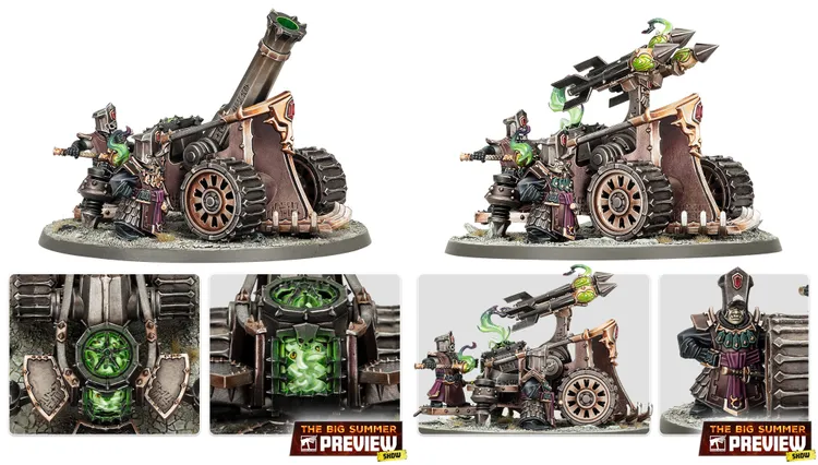 A detailed model of a war machine from the Zharrdron army, featuring a large, imposing structure with a prominent cannon mounted on top. The cannon is adorned with green, glowing elements and is flanked by two armored figures in dark, ornate attire, one of whom is operating the weapon. The base of the model includes intricate mechanical details and a textured surface, enhancing its industrial aesthetic.