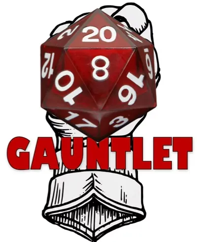 A red twenty-sided die (d20) is prominently held in a fist, symbolizing gaming and adventure. Below the die, the word "GAUNTLET" is displayed in bold red letters. The background features a stylized illustration of a hand wearing a sleeve, emphasizing the theme of tabletop gaming.