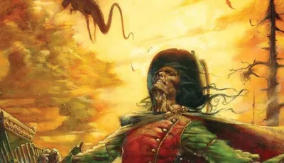 Skeletal figure in red coat and green cape, fiery sky, text "The Dying Earth"