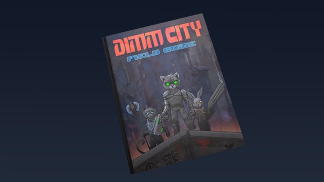 The image features the cover of the roleplaying game "Dimm City," showcasing a stylized illustration of three anthropomorphic characters. The central character, a cat-like figure with glowing green eyes, is dressed in futuristic armor and holds a weapon, flanked by two other characters that resemble a rabbit and another cat, both equipped with cybernetic enhancements. The background depicts a dark, urban environment, enhancing the CreaturePunk theme, while the title "Dimm City" is prominently displayed at the top in bold, red lettering.