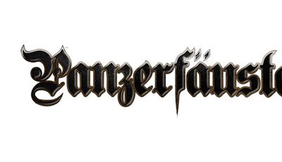 The logo for "Panzerfäuste" features the game's name in an ornate, gothic-style font. The letters are predominantly black with a slight metallic sheen, giving it a bold and striking appearance. The design includes sharp edges and flourishes, particularly on the letters "ä" and "f," which add a sense of fantasy and drama to the overall look. The logo is set against a plain white background, enhancing its visibility and impact.