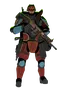 Futuristic mercenary in dark armor with glowing green accents, holding a large rifle. Character has a skeletal face with glowing red eyes, red and orange patterned chestplate, and blue shoulder pads.