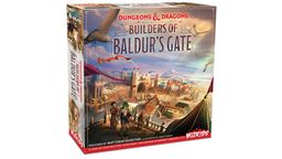 A colorful game box for "Builders of Baldur's Gate," featuring the title prominently at the top along with the "Dungeons & Dragons" logo. The artwork depicts a vibrant cityscape of Baldur's Gate, showcasing various buildings, towers, and characters, including a humanoid figure in a green outfit and others engaged in activities. The box also includes the designer's name, Matthew Dunstan, and the publisher's logo, WizKids, at the bottom.