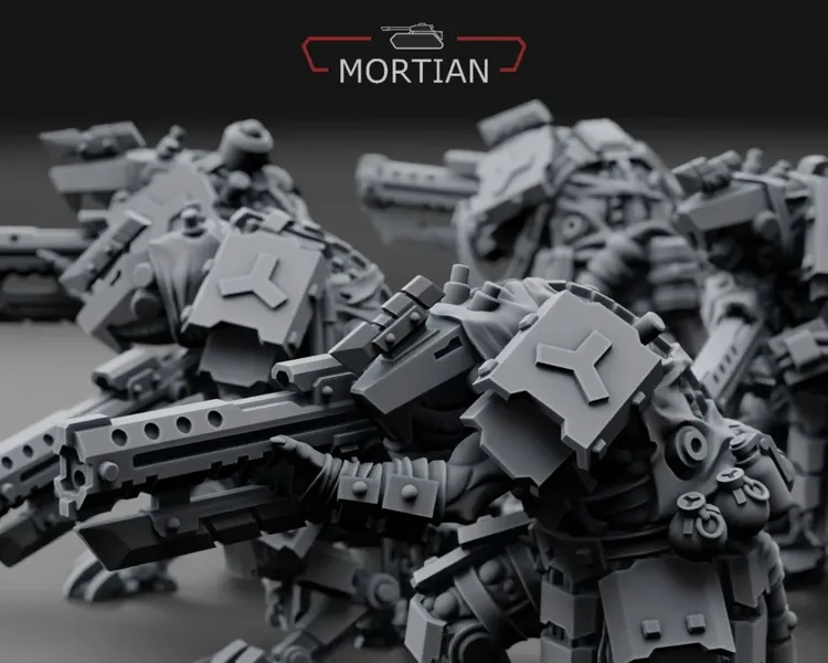 A group of intricately designed cyberrats in a grey, unpainted finish, showcasing their armored bodies and distinctive rifles. The models are posed in a dynamic arrangement, highlighting both long and short barrel versions of their weapons. The Mortian logo is displayed prominently at the top of the image, emphasizing the brand behind these sci-fi miniatures.