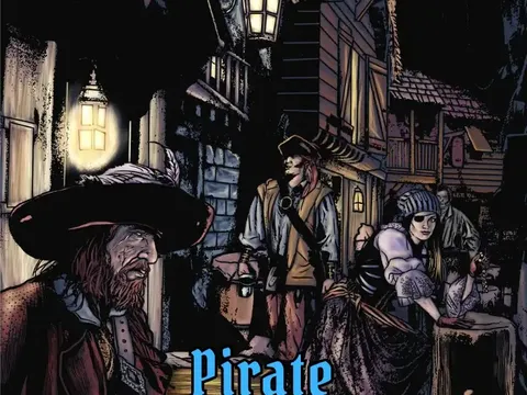Dark alley at night with cobblestone street. Four characters: pirate with wide-brimmed hat and beard, pirate with tricorn hat, woman in lace dress with bonnet, and another woman in cloak. Lanterns illuminate the scene. Text reads: "Pirate Adventures."