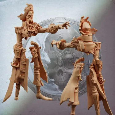 A pair of intricately designed miniature figures of undead pirates stand prominently against a backdrop featuring a skull and crossbones emblem. The first figure, with a long coat and a commanding pose, has exaggerated facial features and a raised hand, suggesting a dramatic gesture. The second figure, slightly turned, showcases detailed clothing and accessories, including a hat and epaulettes, emphasizing their piratical theme.