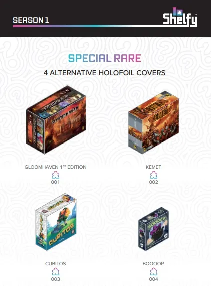 Four collectible miniature board game boxes arranged in a square on a light patterned background. Top row: "Gloomhaven 1st Edition" box showing a fiery scene with characters, and "Kemet" box showing a battle scene. Bottom row: "Cupitos" box showing a cartoonish character climbing a mountain, and "Blood Rage" box showing a stylized purple and black design. Above the boxes, the text "SPECIAL RARE" in gradient colors, followed by "4 ALTERNATIVE HOLOFOIL COVERS" in black. Below the top row boxes, the labels "GLOOMHAVEN 1ST EDITION 001" and "KEMET 002" with small colored icons.