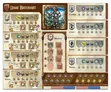 A game board section titled "Dame Britomart" at the top. Below the title, a vertical illustration of a female knight in armor holding a spear, with a landscape background. To the right, four categories labeled Combat, Court, Horse, and Nature, each with numbered spaces (1-6) and circular tokens. Below these, a vertical section labeled Wisdom with four empty slots. On the left, multiple rows of numbered spaces (1-6) with various tokens and icons, including dice, candles, and colored symbols. At the bottom, a row of circular tokens in purple, silver, and multicolored designs. The background is parchment-like with decorative borders.