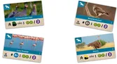 Two game cards: top shows two helmeted guinea fowl standing in grass with text "Helmeted Guinea Fowl," icons for 1 habitat tile, 2 resources, and 2 points. Bottom shows four lesser flamingos in water with text "Lesser Flamingo," icons for 3+ habitat tiles, 2 resources, and 2 points.