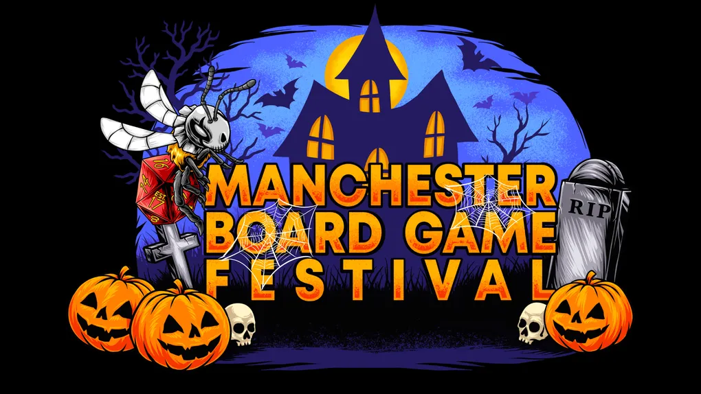 A vibrant graphic features the text "MANCHESTER BOARD GAME FESTIVAL" prominently displayed in bold, orange letters against a dark, spooky backdrop. The scene includes a haunted house with glowing windows, bats flying in the night sky, and various Halloween-themed elements like pumpkins, skulls, and spider webs. The overall atmosphere is festive and eerie, perfectly capturing the Halloween spirit of the event.