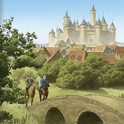 Two people riding horses on a stone bridge with three arches. The riders wear medieval-style clothing; one is dressed in blue and the other in gray. The horses are brown. In the background stands a large, white castle with multiple towers, conical roofs, and spires. The castle has a mix of stone and brick architecture with steeply pitched roofs. The setting is lush and green, with dense trees and shrubbery surrounding the castle and bridge. The sky is clear and blue.