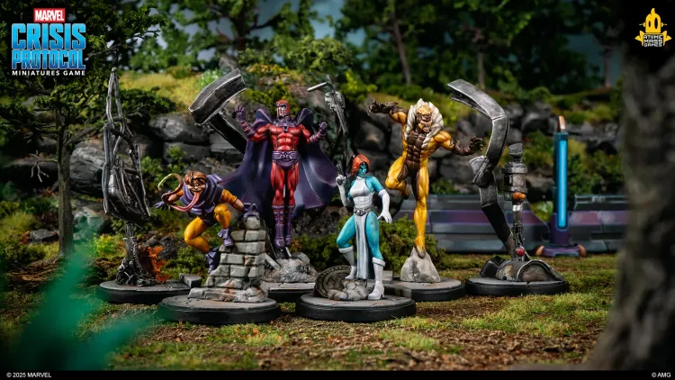 A dynamic scene features several miniatures from the Marvel Crisis Protocol Miniatures Game, prominently showcasing Magneto in a red and purple costume, standing confidently with outstretched arms. Surrounding him are other characters, including a yellow and purple figure resembling Toad, and a blue-skinned character likely representing Mystique. The backdrop consists of a lush, green landscape with trees and rocky formations, enhancing the dramatic setting.