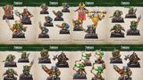 A collection of colorful goblin miniatures is displayed, featuring various character types including heroes, champions, standard bearers, and Iron Skulls. Each miniature is intricately designed, showcasing unique details and poses, with vibrant colors that highlight their personalities. The bottom section includes goblin archers and mercenaries, all presented on 25mm square bases, emphasizing their role in a fantasy warband or army.