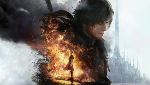 The cover art fo FF XVI showing Clive as the large character in the background and his brother, Joshua in the centre highlighted by fire behind him