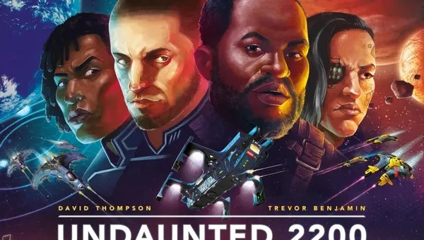 The cover of "Undaunted 2200: Revolution" features a dynamic space scene with four characters prominently displayed, each with distinct expressions and styles. In the background, various spacecraft are depicted flying through a vibrant cosmic setting, while a futuristic landscape with domed structures is visible below. The title "UNDAUNTED 2200 REVOLUTION" is boldly displayed at the center, along with the names of the creators and the illustrator.