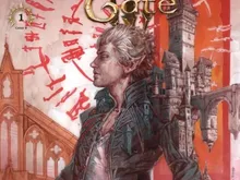 Man with spiked blond hair, wearing a dark, armored vest over a torn shirt, stands in a gothic cityscape. Red blood-like streaks and symbols appear in the sky. Title reads "Baldur’s Gate". Small label shows "Cover B" and issue number "1".