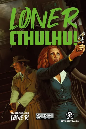 Large, bold, green and black text at the top reads "LIVE IN CTHULHU!" In the foreground, a person with bright red hair, wearing a teal jacket over a white shirt, is reclining in a wooden chair. They are holding a revolver in their right hand, pointing it upward. Their expression appears alarmed. Behind them, an older person with white hair and a mustache, wearing a light brown suit, a green shirt, and a light-colored hat, stands with a concerned look on their face. The setting appears dimly lit, with indistinct dark shapes in the background.