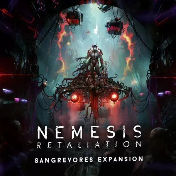 A figure in dark, intricate armor stands atop a large, tentacled creature with glowing red eyes. The creature's tentacles extend downward, surrounding a fiery chandelier. The background is dimly lit with blue and red hues, featuring chains and mechanical elements. The text "NEMESIS RETALIATION" is prominently displayed at the bottom, with "SANGREVORES EXPANSION" written below it.