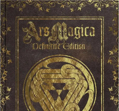 Gold circular Celtic knot design on dark leather-textured background with ornate borders. Text: "Ars Magica Definitive Edition".