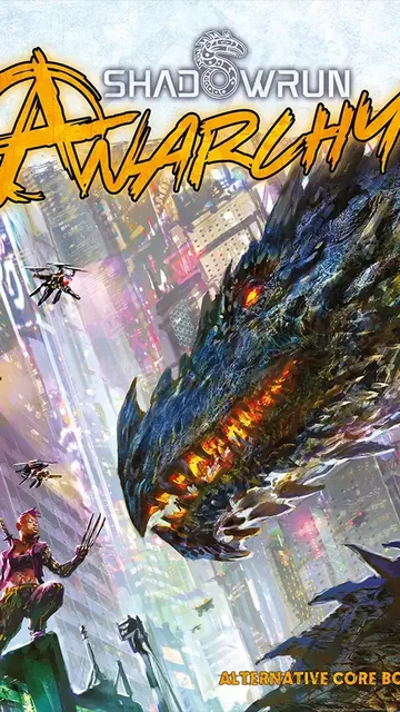 Cyberpunk cityscape with neon-lit skyscrapers. Giant dragon-like creature emerging from ruins, glowing red eyes and fiery breath. Four small flying drones in mid-air. Text reads: "Shadowrun Anarchy 2.0" with logo and "2.0" in corner.