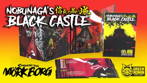 "NOBUNAGA'S BLACK CASTLE" book covers, open book with text and illustrations, yellow background.