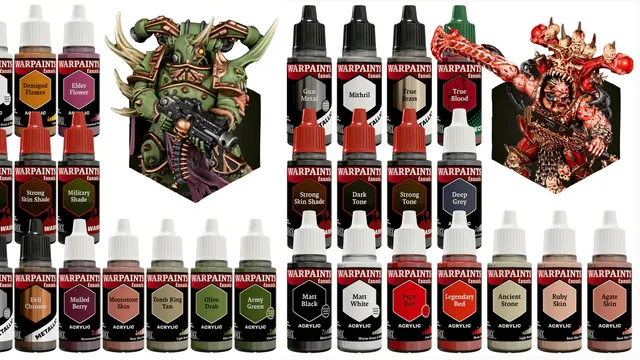 A detailed image showcases a vibrant miniature of a Chaos Space Marine, prominently featuring green skin, horns, and intricate armor details, holding a weapon. Surrounding the miniature are various paint bottles labeled with names like "Elder Flower," "Military Shade," and "Gun Metal," organized in two groups. The colors range from earthy tones to metallics, emphasizing the curated selection for painting Chaos forces in Warhammer 40,000.
