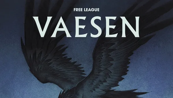 A large, ominous black bird with glowing yellow eyes soars through a twilight sky, its wings spread wide. Below, a dark silhouette of a Gothic cityscape features pointed towers and intricate architecture, hinting at a mysterious atmosphere. Ethereal, ghostly figures appear to float in the air, enhancing the eerie tone of the scene, while the title "VAESEN" is prominently displayed at the top.