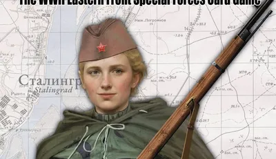 A person in a green military uniform and camouflage cape, wearing a brown cap with a red star, holding a bolt-action rifle with a bayonet. Behind them, a faded topographic map with Cyrillic text, including the word "Сталинград" (Stalingrad). At the top, bold text reads "WARFIGHTER The WWII Eastern Front Special Forces Card Game".