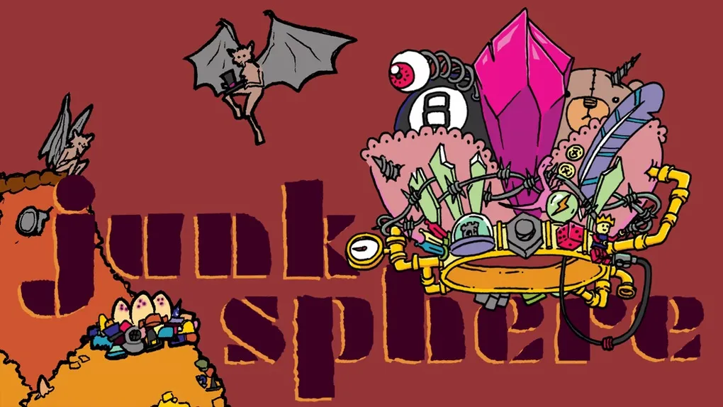 Stylized illustration featuring two characters against a deep red background. On the left, a humanoid figure with cat-like features, including pointed ears and a tail, clings to a large, jagged, gray winged shape resembling a broken or floating structure. The figure wears a sleeveless top and shorts.

On the right, a humanoid robot with a round head, a single large eye, and a mechanical body stands atop a pile of colorful debris. The robot wears a belt with tools or objects attached and holds a wrench in one hand. Surrounding the robot are various mechanical parts, gears, and what appear to be broken or discarded items.

In the center, large bold letters spell out "JUNKSPHERE" in a mix of black and yellow, with a distressed or grunge texture. The letters cast shadows, giving them a three-dimensional effect. In the bottom left corner, a small character with a round body and antennae stands next to a stack of books or crates.