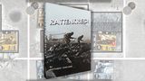 A game box for "RATTENKRIEG!" features a dramatic black-and-white image of two soldiers navigating through a war-torn landscape, emphasizing the game's focus on the Battle of Stalingrad. The title "RATTENKRIEG!" is prominently displayed in bold, white letters at the top, with the designer's name, Gottardo Zancanni, listed below. In the background, various game components, including counters and maps, are partially visible, hinting at the game's intricate mechanics and immersive experience.
