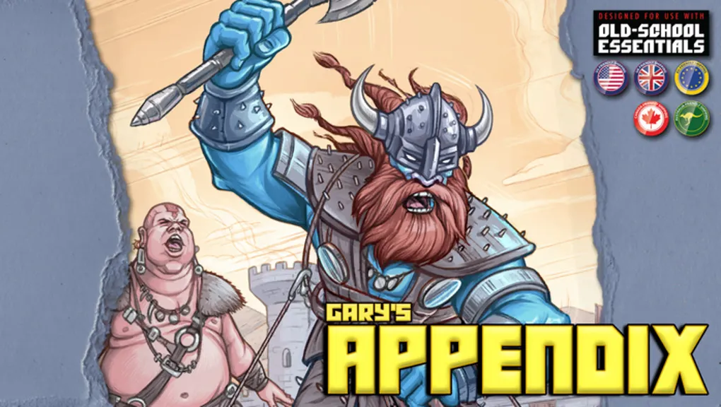 A muscular giant with a long red beard and a horned helmet wields a large weapon, showcasing a fierce expression. He is dressed in armor adorned with spikes and is set against a light-colored background that suggests a fantasy landscape. The title "GARY'S APPENDIX" is prominently displayed at the bottom in bold yellow letters, accompanied by icons indicating its compatibility with Old-School Essentials.