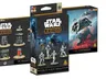 Three new Star Wars: Legion expansions are displayed, featuring distinct packaging for each. The foreground showcases the "Republic Clone Commandos" unit expansion, which includes four Clone army miniatures, while the background features the "T-47 Airspeeder" expansion, depicting the airspeeder in action. To the left, the "3D Objective Tokens" set is visible, highlighting various detailed tokens designed for gameplay.