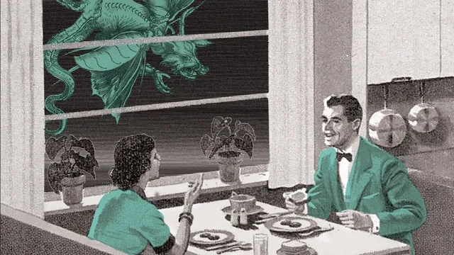 A 1950s couple dining at a table with a large insect outside the window.