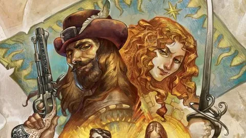 A vibrant illustration features four characters from the 7th Sea tabletop role-playing game, each embodying the swashbuckling spirit of the setting. On the left, a rugged man in a tricorn hat holds a pistol, while a confident woman with curly red hair brandishes a sword beside him. In the center, a woman in a green dress gestures with a quill, and to the right, a brooding figure in dark clothing stands with a serious expression. The background includes a stylized flag and hints of a fantastical cityscape, enhancing the adventurous atmosphere of Theah.